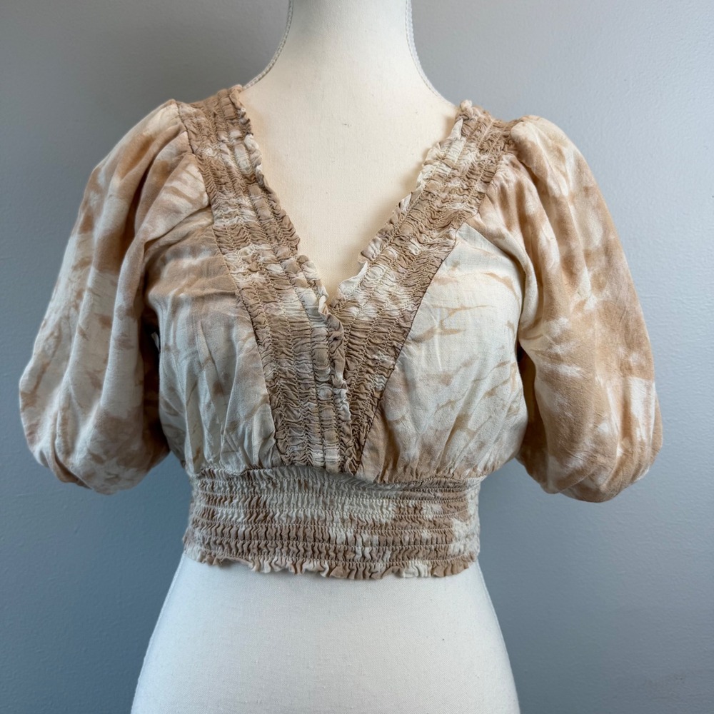 Love & Piece Tie Dye Smocked Crop Top Tan Cream Boho Puff Sleeve Small Fairy
